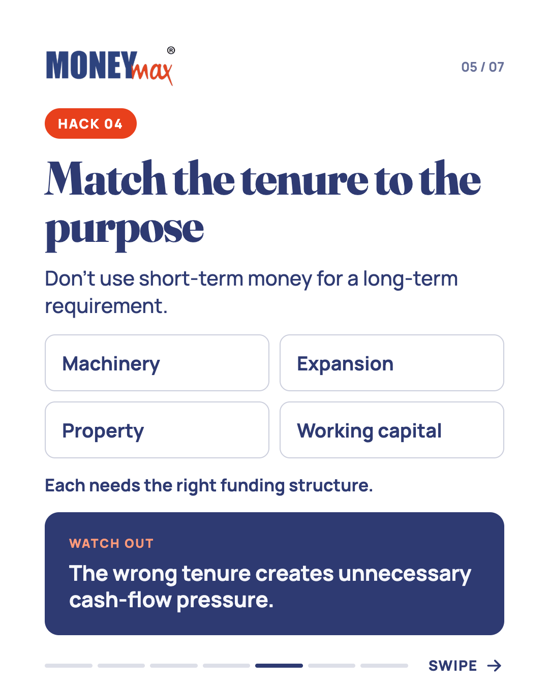 Hack 04: match tenure to purpose — machinery, expansion, property and working capital each need the right structure