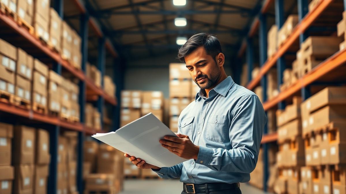 Indian business owner reviewing stock documents in a warehouse for a cash credit loan