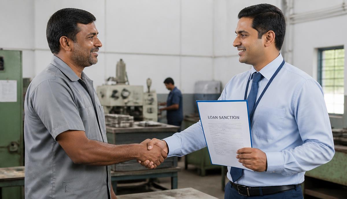 Indian small manufacturing business owner receiving a collateral-free CGTMSE loan sanction letter from a bank officer