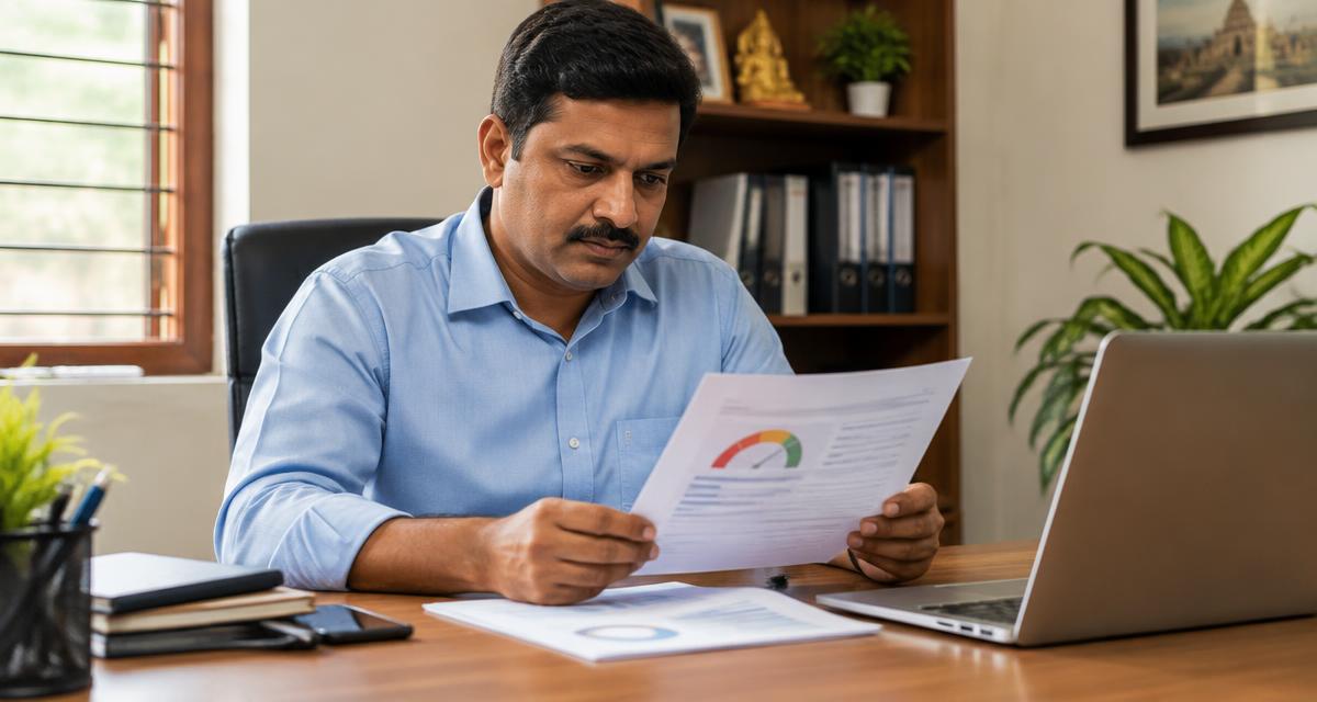 Indian business owner reviewing a printed credit report at his office desk