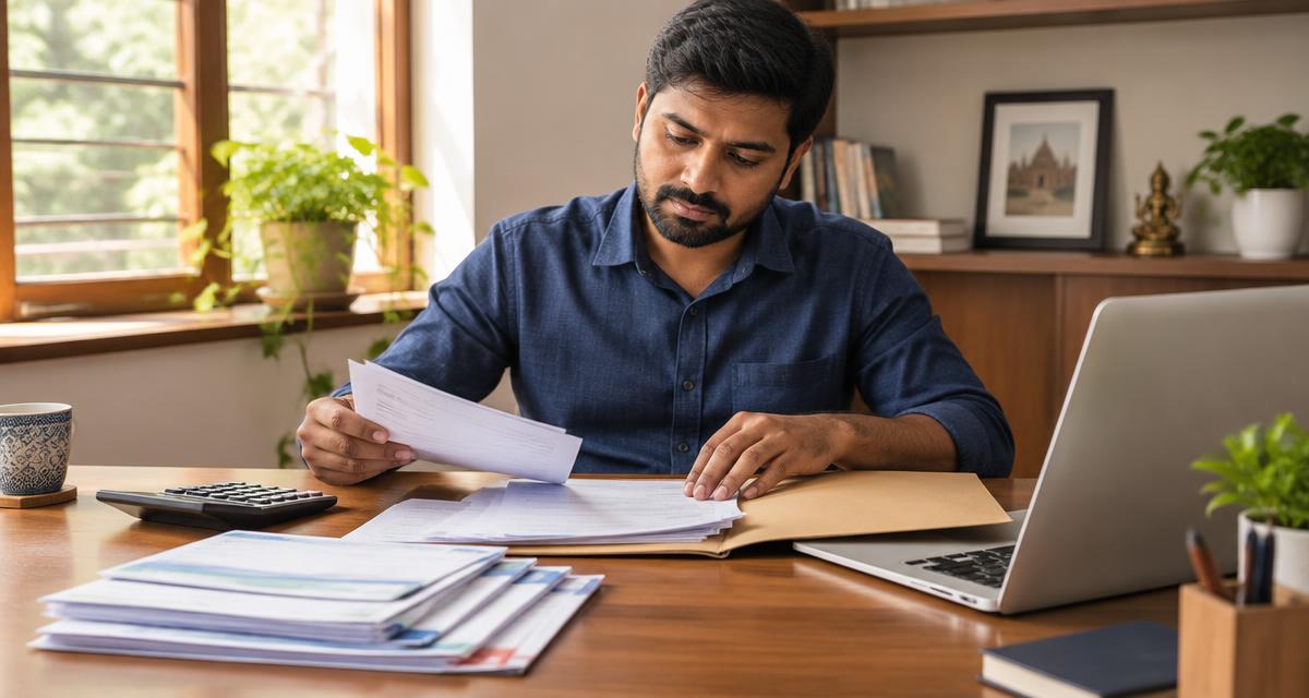 Business owner organising several loan statements into one folder at a desk