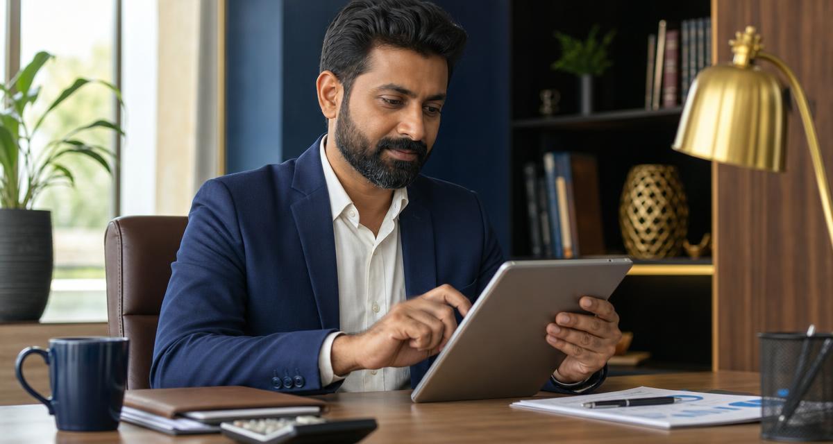 Indian business owner reviewing EMI payment calendar and loan statements on a tablet, ensuring on-time repayment