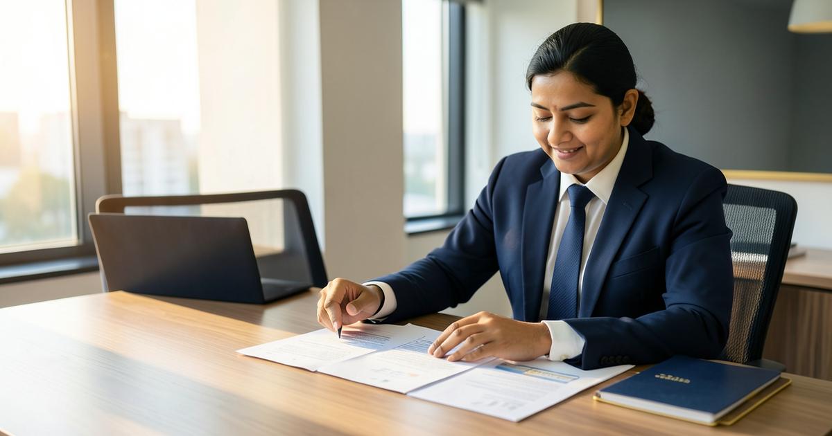 Indian business owner reviewing property loan documents and comparing LAP options at a desk