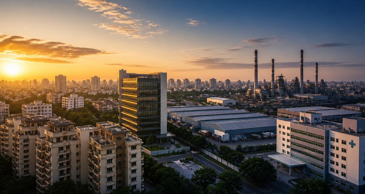 Chennai skyline showing residential apartments, commercial offices, an industrial factory, warehouse and hospital — property types eligible for a ₹1 crore to ₹100 crore loan against property