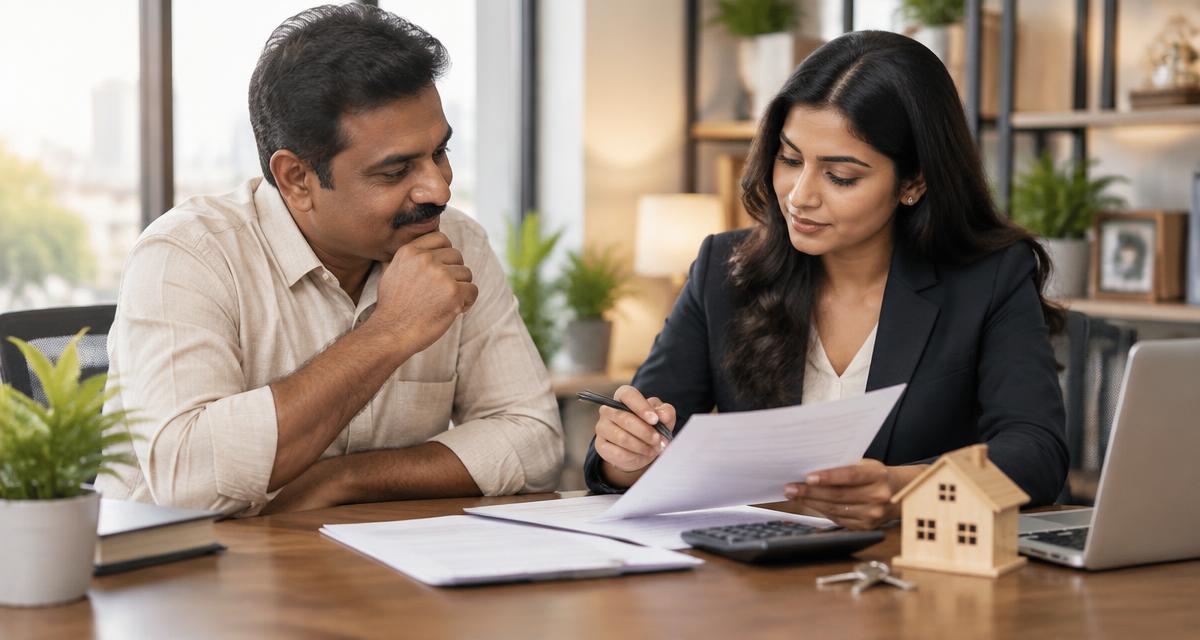 Business owner and financial advisor reviewing property loan documents at a desk
