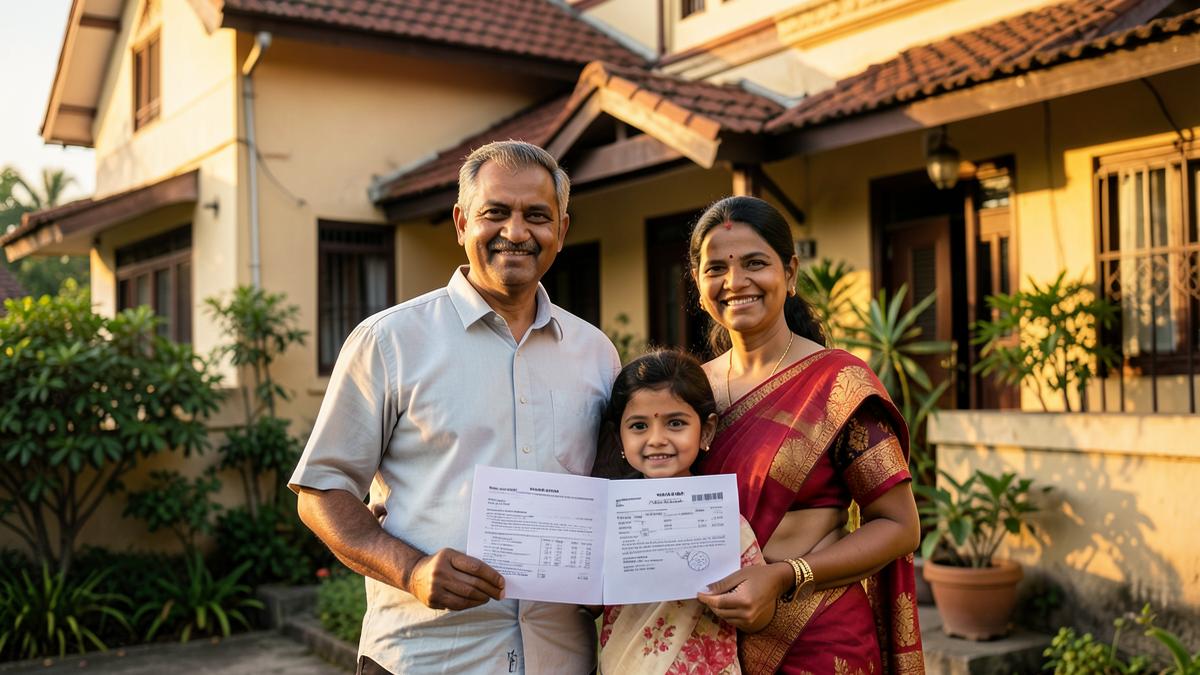 Chennai family standing in front of their home holding property documents for a loan against property