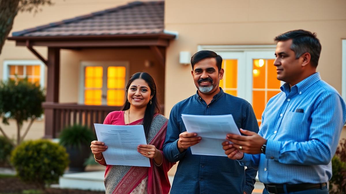Indian family with property documents outside their home discussing a loan against property