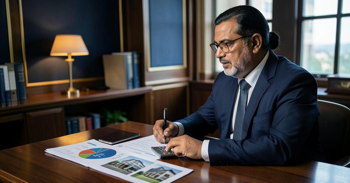 Banker reviewing property valuation report and loan to value calculation for a loan against property in India