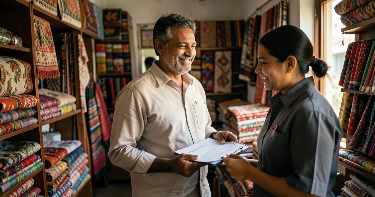 Indian textile shop owner in Chennai discussing a loan against property application with a loan advisor