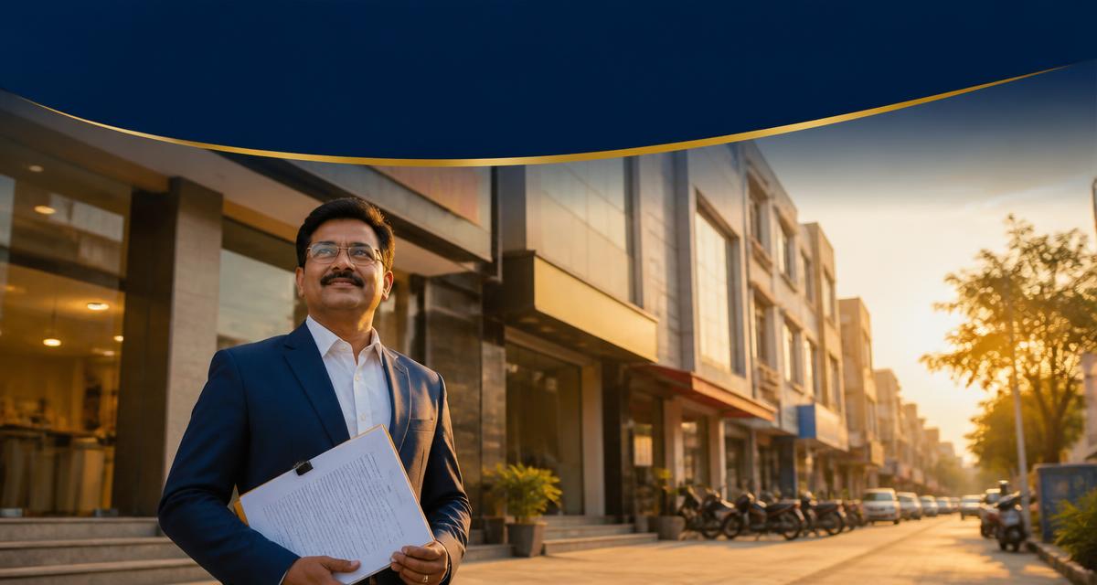Business owner holding lease documents in front of his leased commercial property on an Indian commercial street