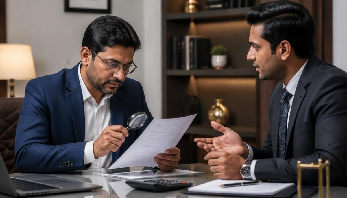 Indian business owner reviewing a loan sanction letter with a loan advisor at a desk