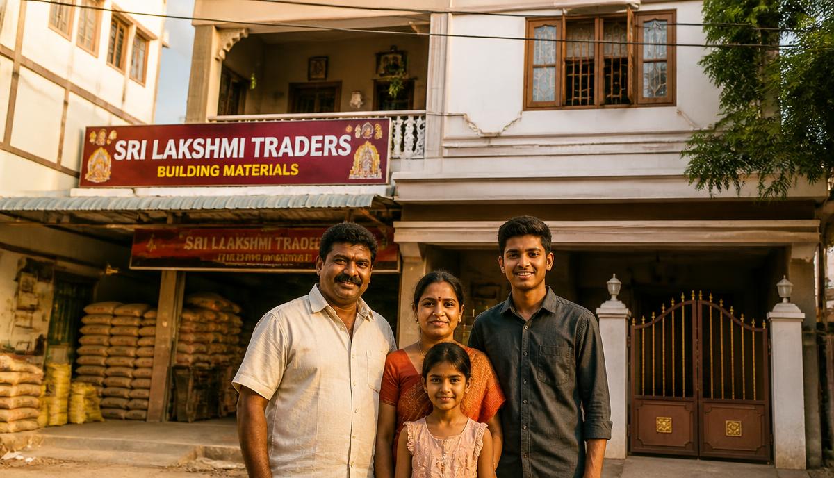 Indian business family standing in front of their shop-cum-home that secures their mortgage loan