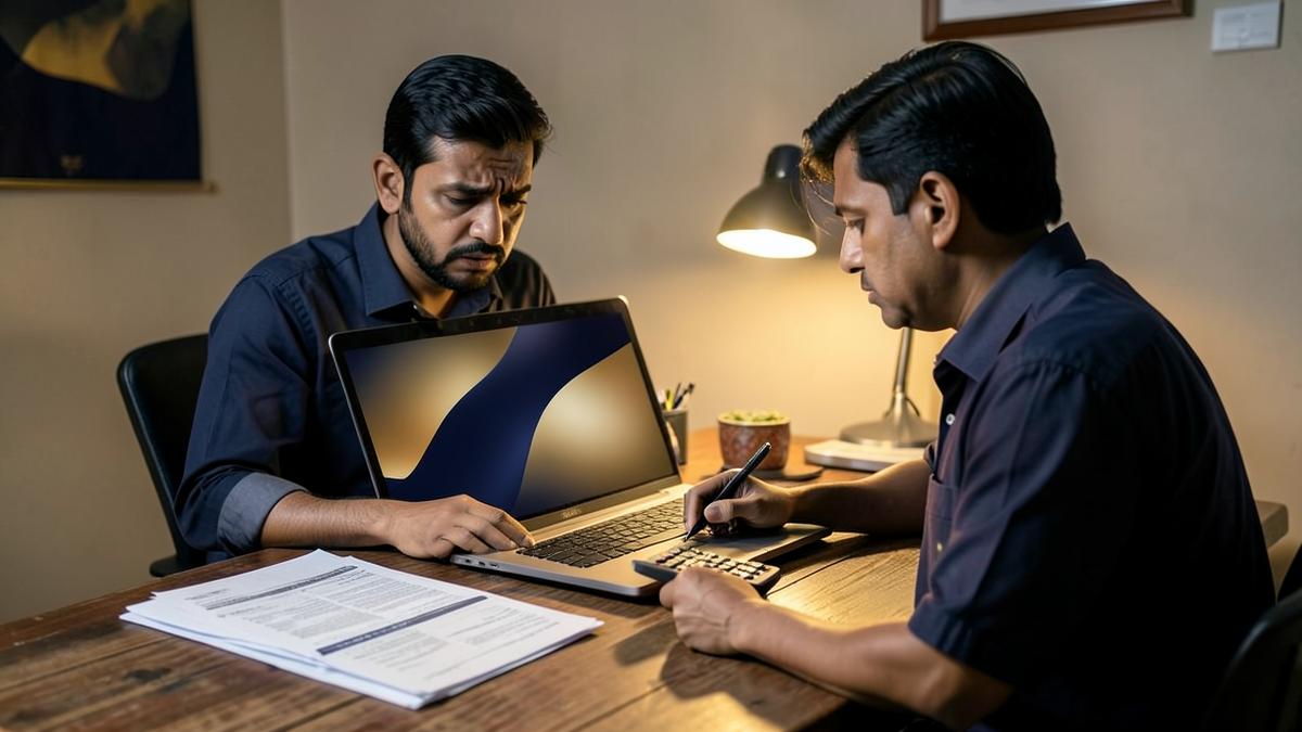Indian business owner reviewing multiple loan EMI statements with a financial advisor