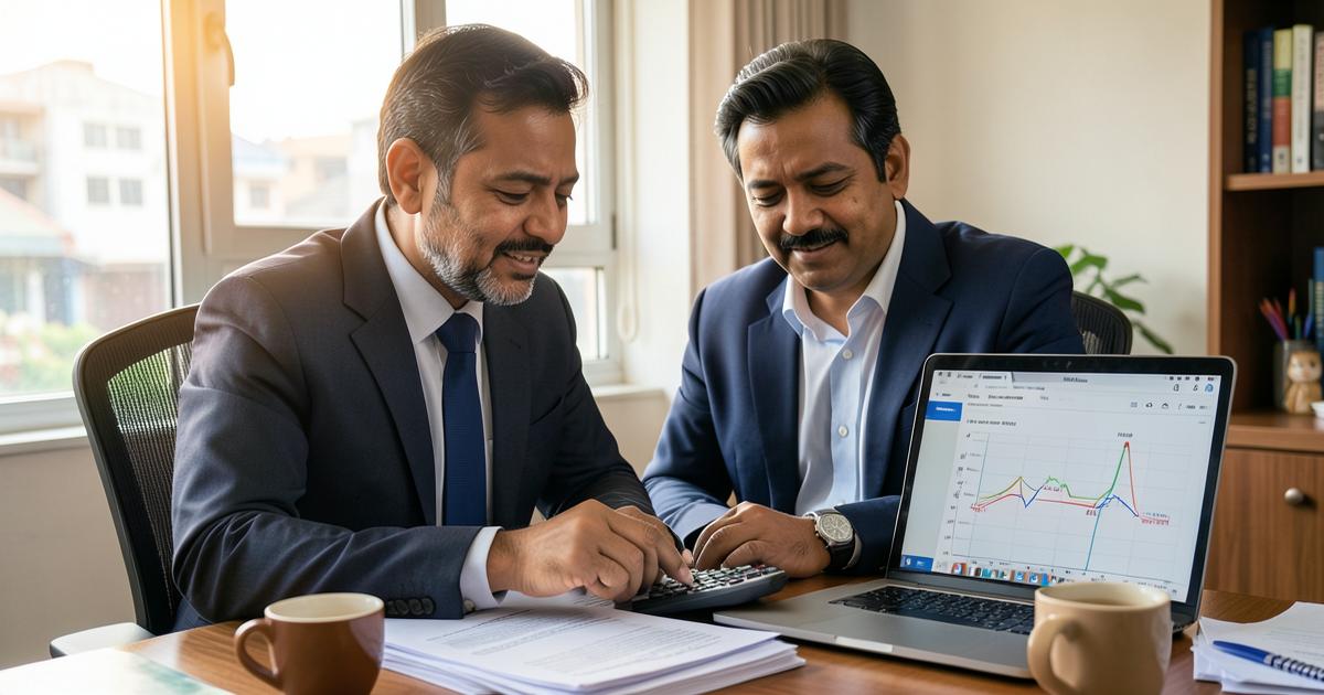 Indian business owner reviewing loan statements at his desk, calculating how a balance transfer and debt consolidation reduce his existing loan EMIs