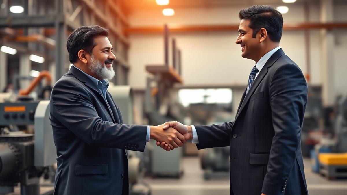 Indian business owner and banker shaking hands at a manufacturing unit after a term loan sanction
